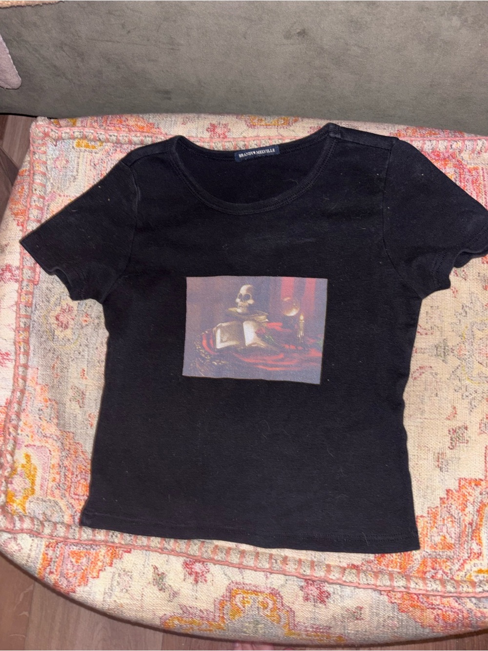Vintage Brandy Melville - Black Graphic Tee with Skull & Book Image